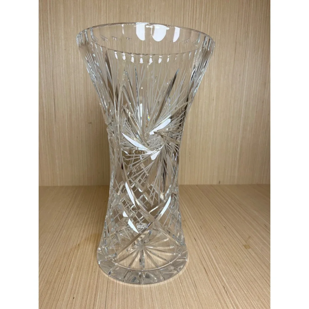 Vintage Bohemian Crystalex Cut Glass Vase Pinwheel Starburst Clear Crystal 12in